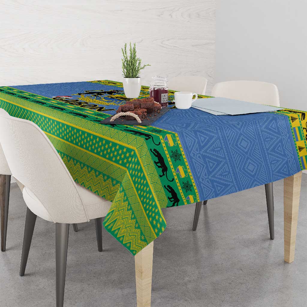 Square blue and green holiday tablecloth with Gabon crest and patterned border