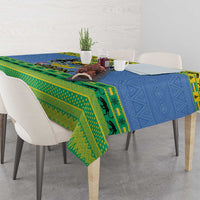 Square blue and green holiday tablecloth with Gabon crest and patterned border