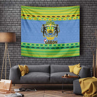 Blue tapestry wall hanging with Gabon coat of arms, GABON text, and green-yellow trim