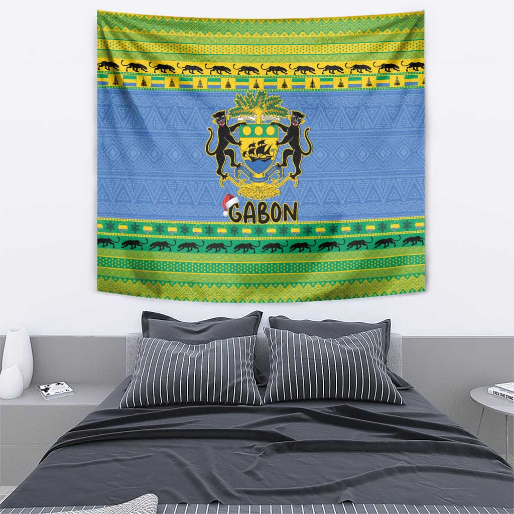 Blue Gabon coat of arms tapestry with GABON lettering and green-yellow patterned border