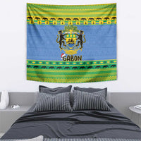 Blue Gabon coat of arms tapestry with GABON lettering and green-yellow patterned border
