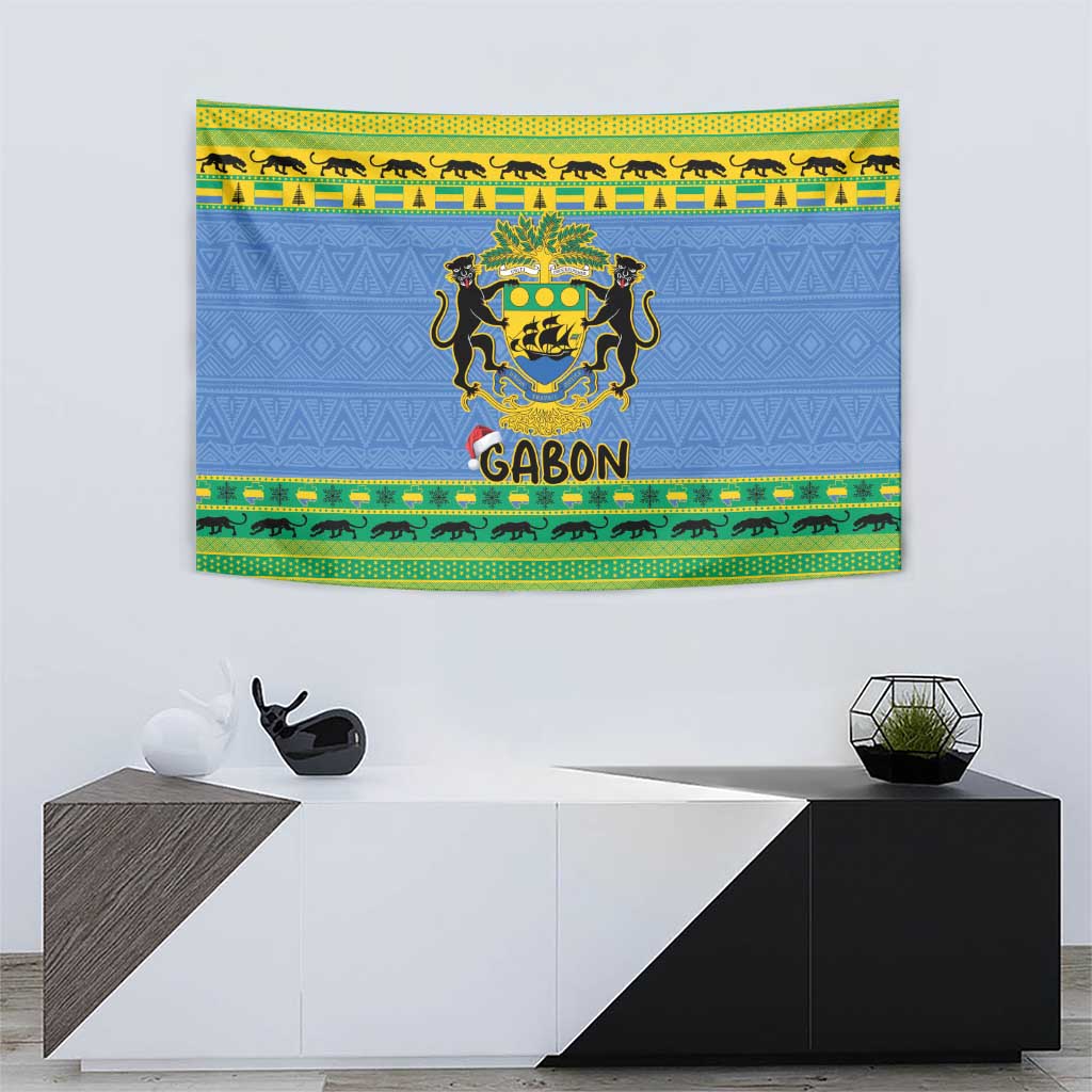 Blue wall tapestry featuring Gabon coat of arms and GABON text with green-yellow trim