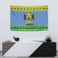 Blue wall tapestry featuring Gabon coat of arms and GABON text with green-yellow trim