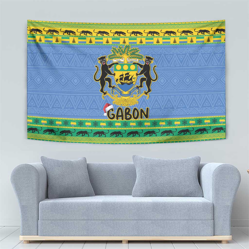 Blue tapestry with central Gabon coat of arms, GABON wordmark, and patterned green-yellow border