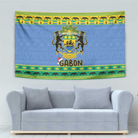 Blue tapestry with central Gabon coat of arms, GABON wordmark, and patterned green-yellow border