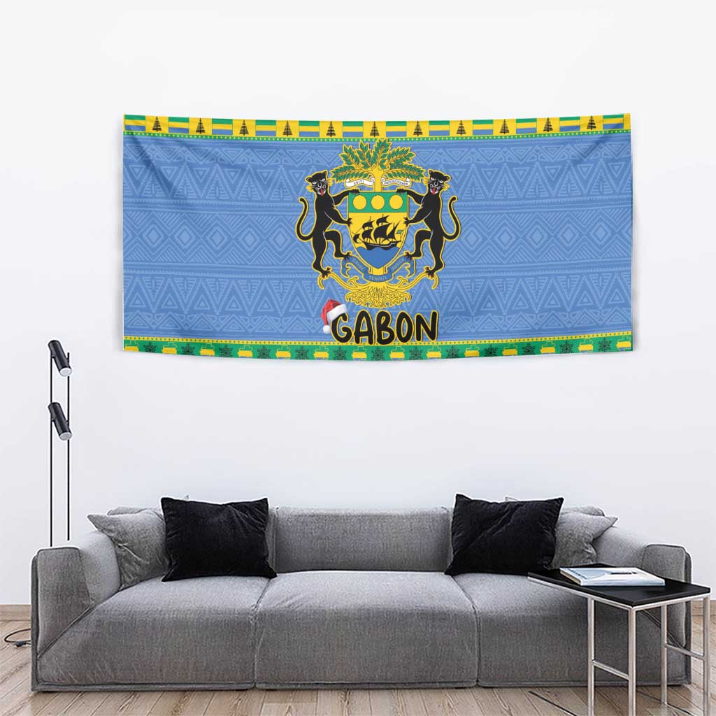 Blue tapestry wall hanging showing Gabon coat of arms, GABON text, and green-yellow bands