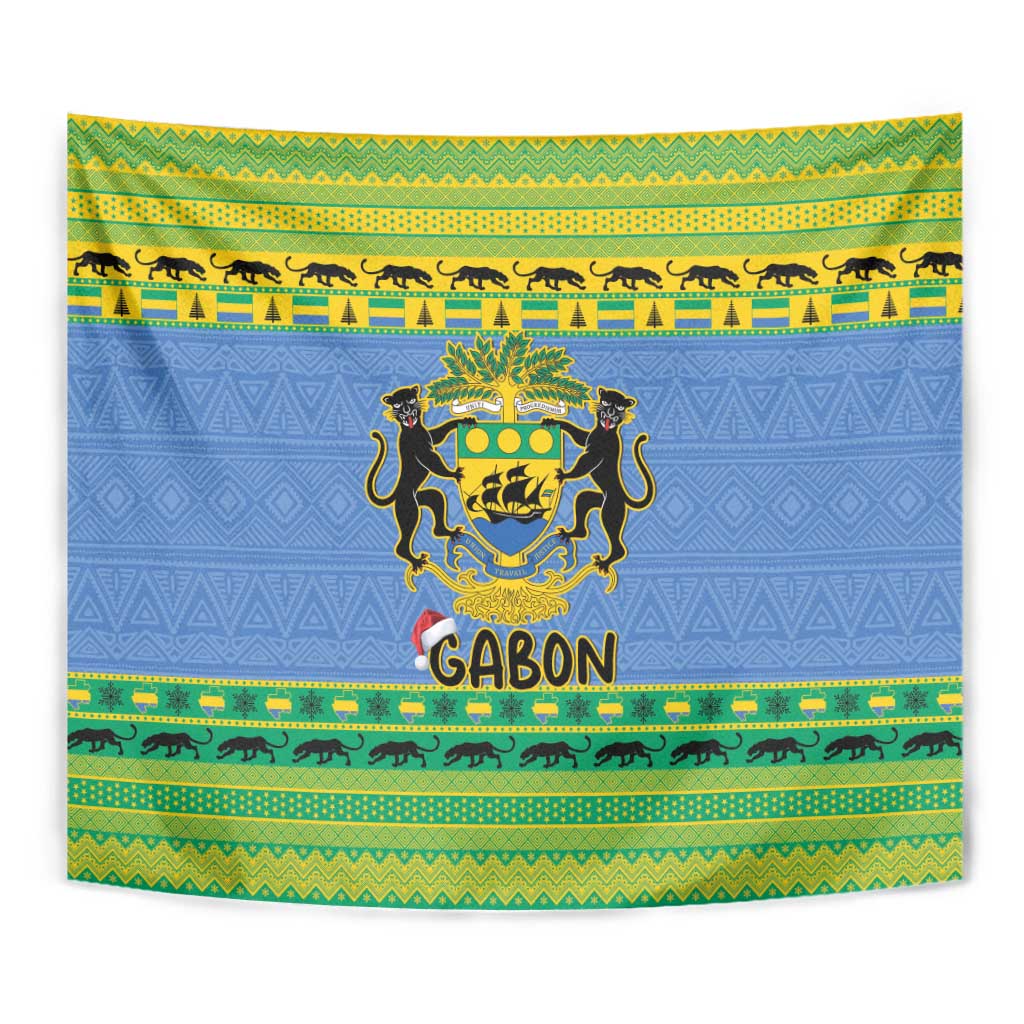 Square blue tapestry with Gabon coat of arms, GABON lettering, and bright green-yellow borders