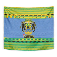 Square blue tapestry with Gabon coat of arms, GABON lettering, and bright green-yellow borders