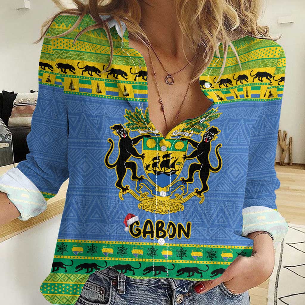 Gabon Christmas Women Casual Shirt Coat Of Arm Joyeux Noel