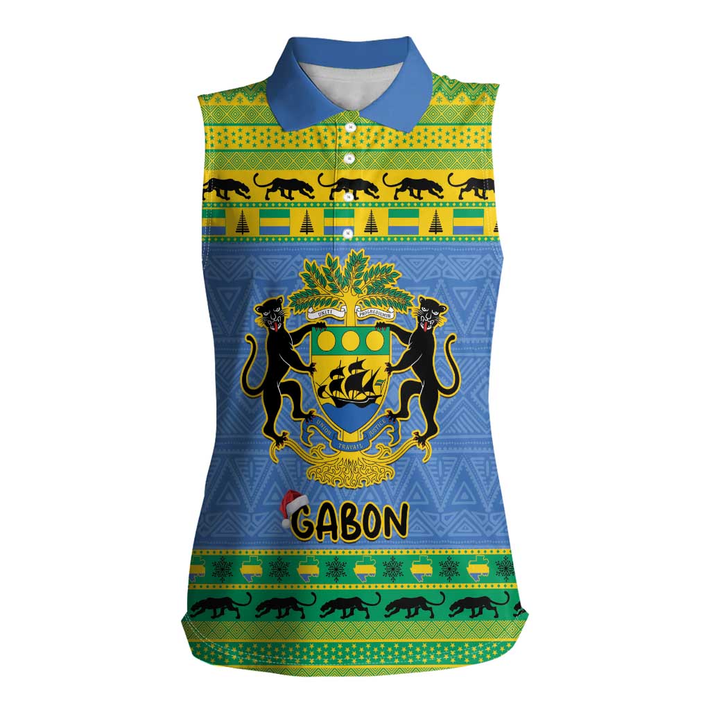 Gabon Christmas Women Sleeveless Polo Shirt Coat Of Arms Joyeux Noel - Wonder Print Shop