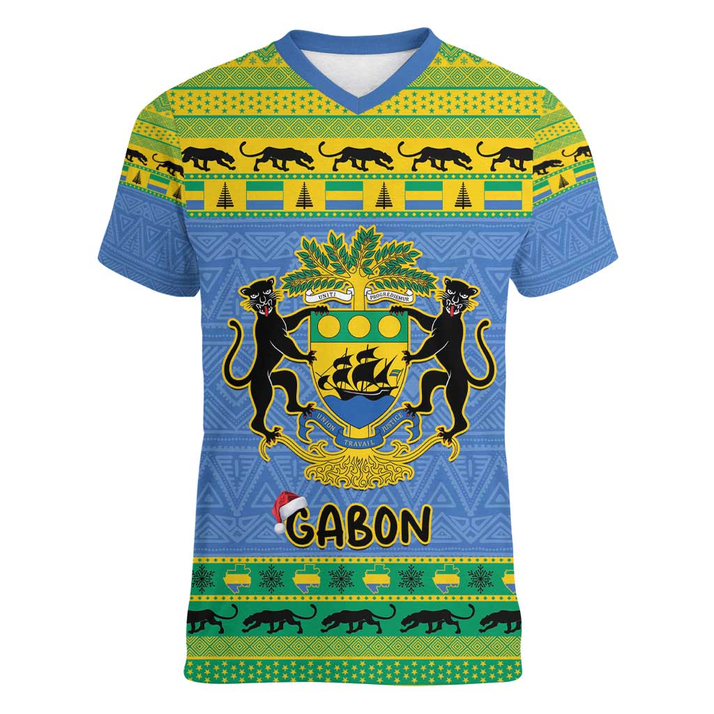 Gabon Christmas Women V-Neck T-Shirt Coat Of Arms Joyeux Noel - Wonder Print Shop