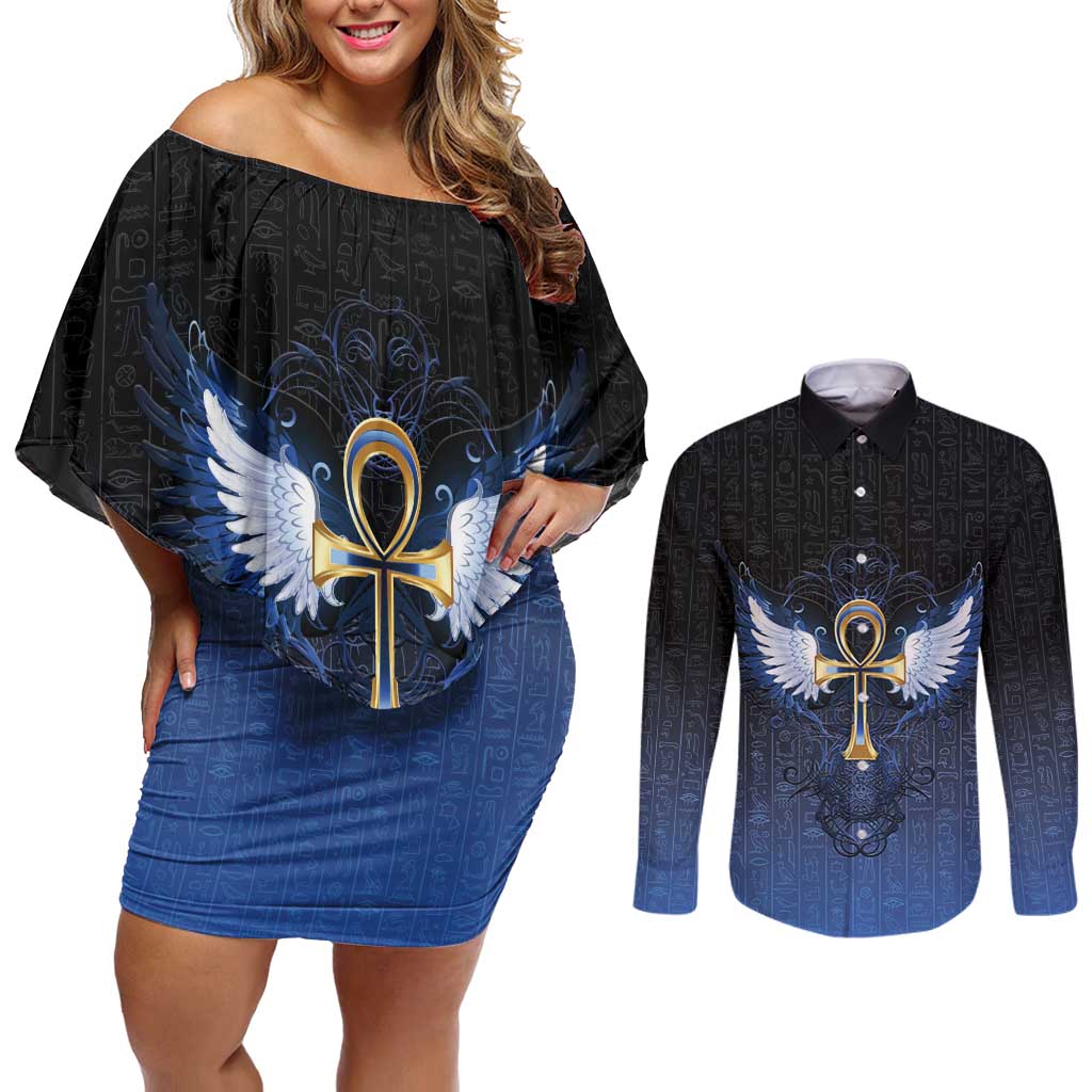 Personalised Egyptian Ankh Couples Matching Off Shoulder Short Dress and Long Sleeve Button Shirt Egypt Hieroglyphs Pattern