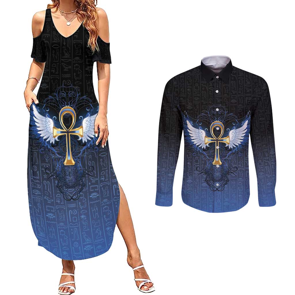 Personalised Egyptian Ankh Couples Matching Summer Maxi Dress and Long Sleeve Button Shirt Egypt Hieroglyphs Pattern