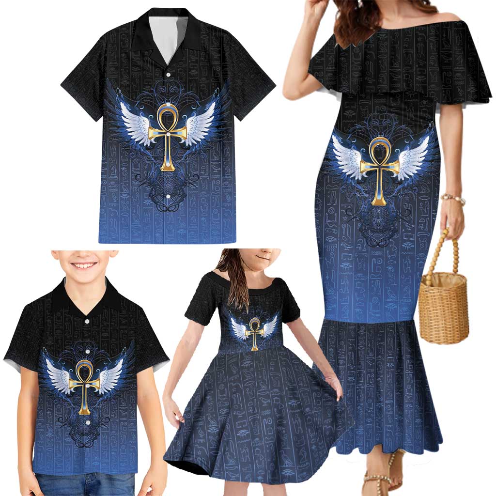 Personalised Egyptian Ankh Family Matching Mermaid Dress and Hawaiian Shirt Egypt Hieroglyphs Pattern