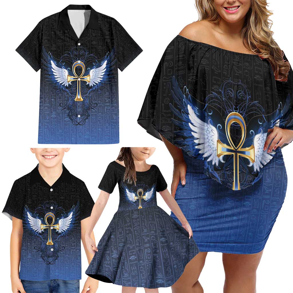 Personalised Egyptian Ankh Family Matching Off Shoulder Short Dress and Hawaiian Shirt Egypt Hieroglyphs Pattern