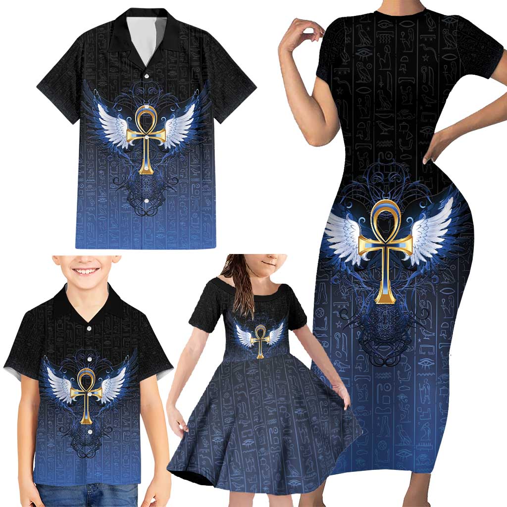 Personalised Egyptian Ankh Family Matching Short Sleeve Bodycon Dress and Hawaiian Shirt Egypt Hieroglyphs Pattern