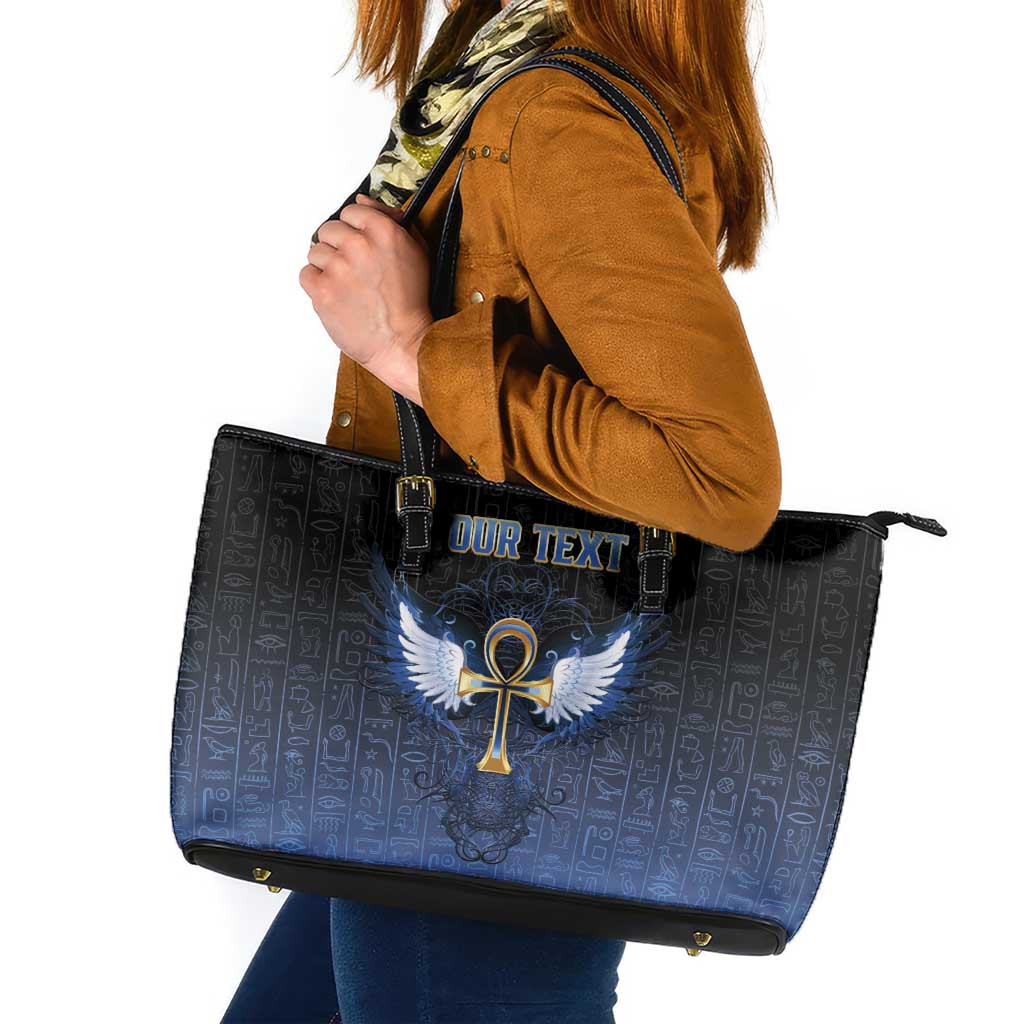 Personalised Egyptian Ankh Leather Tote Bag Egypt Hieroglyphs Pattern