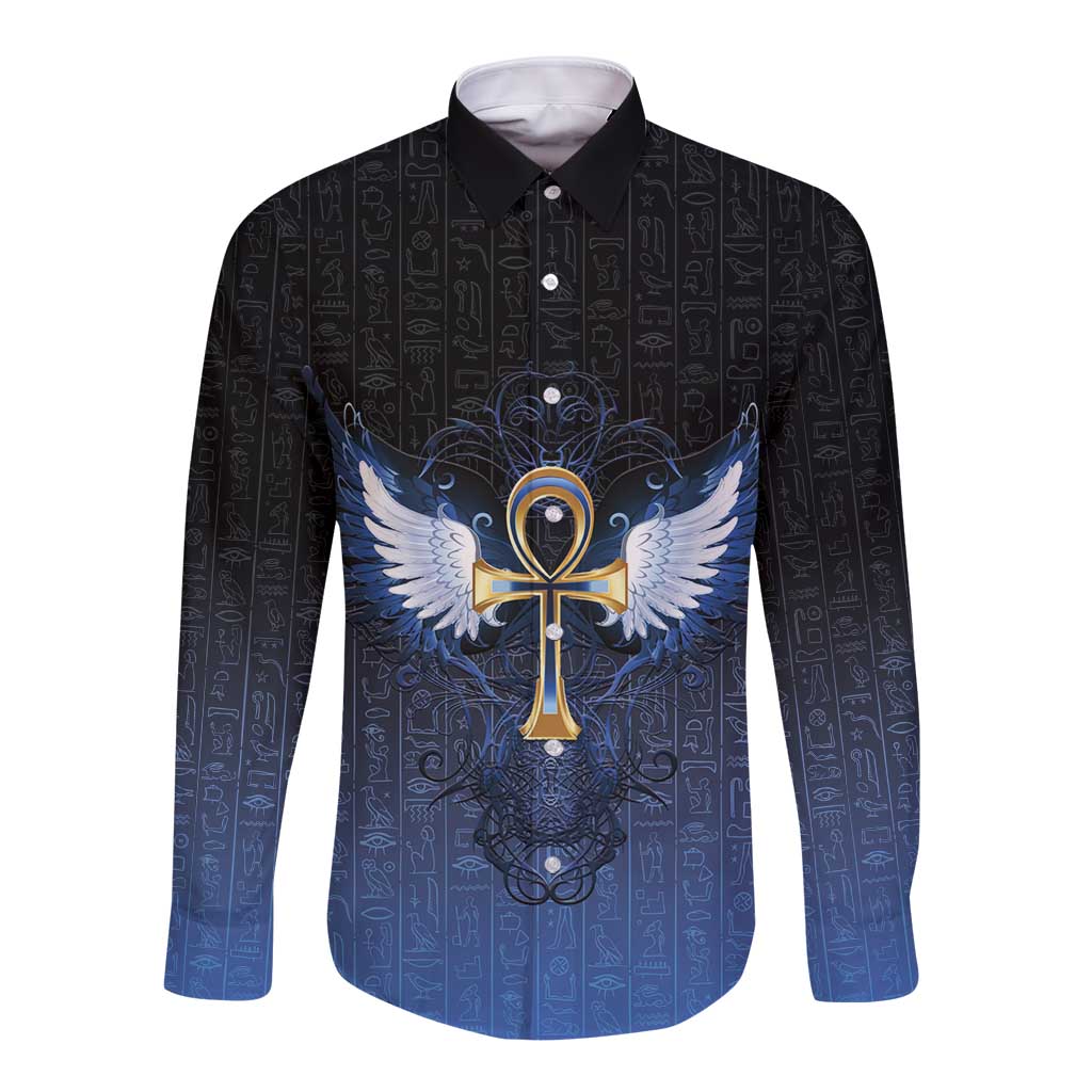 Personalised Egyptian Ankh Long Sleeve Button Shirt Egypt Hieroglyphs Pattern