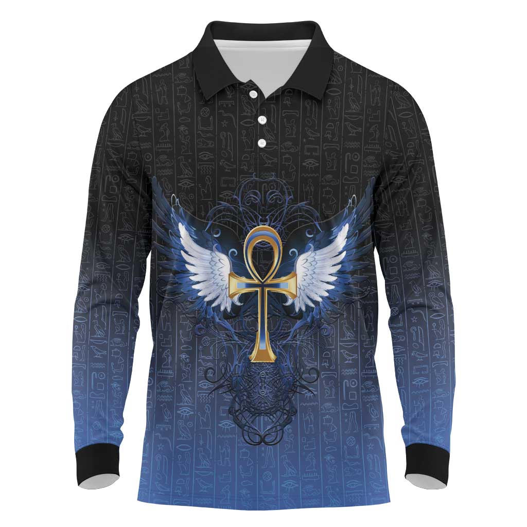 Personalised Egyptian Ankh Long Sleeve Polo Shirt Egypt Hieroglyphs Pattern