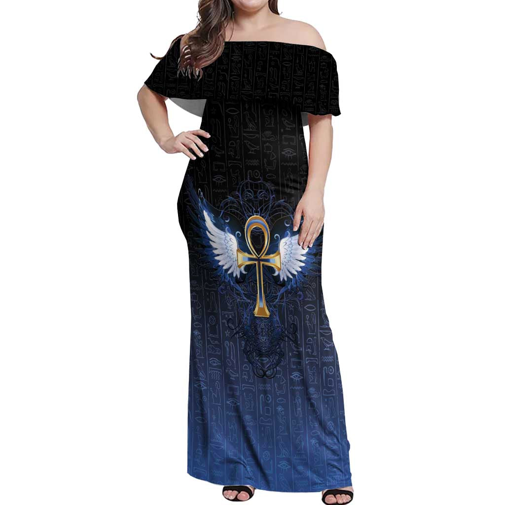 Personalised Egyptian Ankh Off Shoulder Maxi Dress Egypt Hieroglyphs Pattern