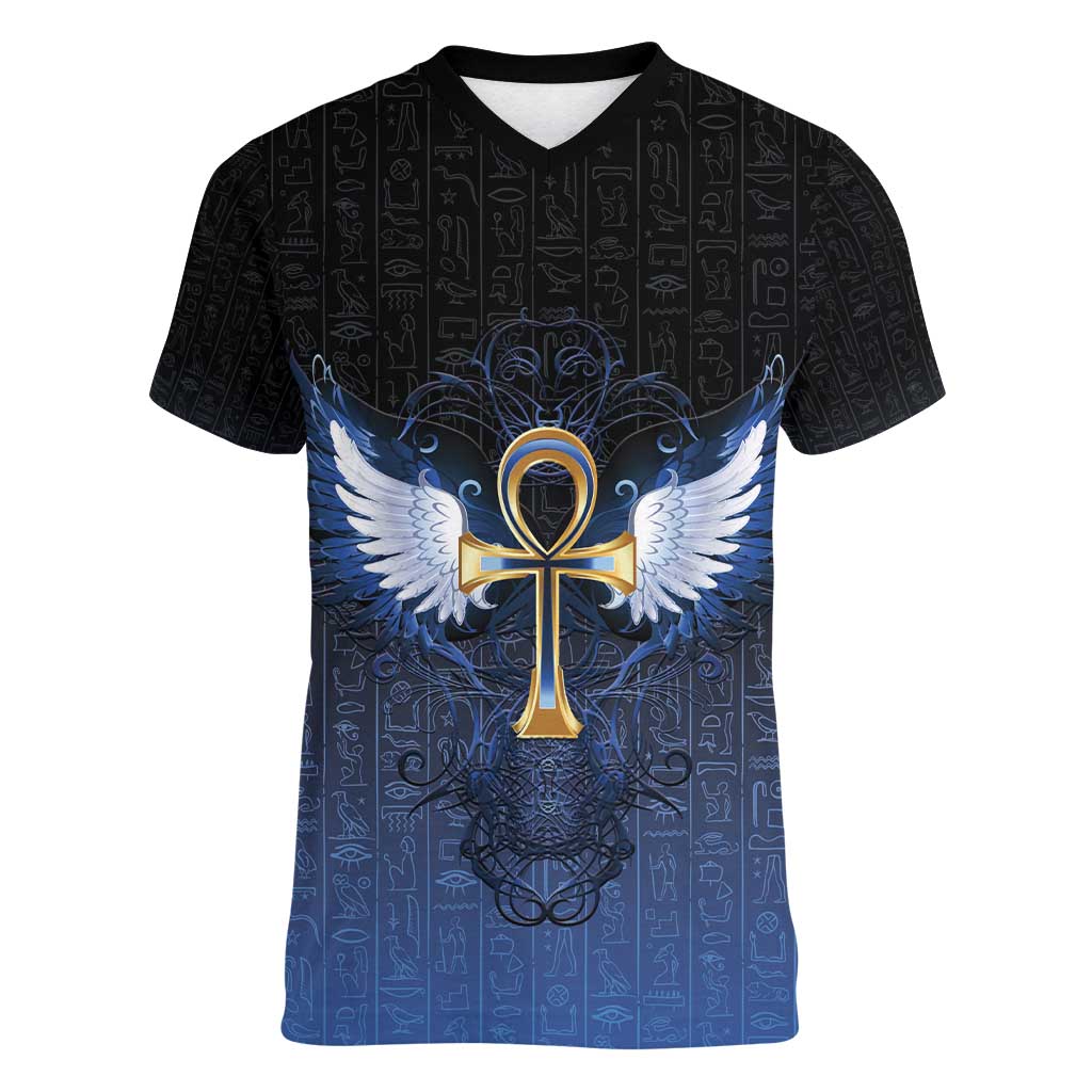 Personalised Egyptian Ankh Women V-Neck T-Shirt Egypt Hieroglyphs Pattern