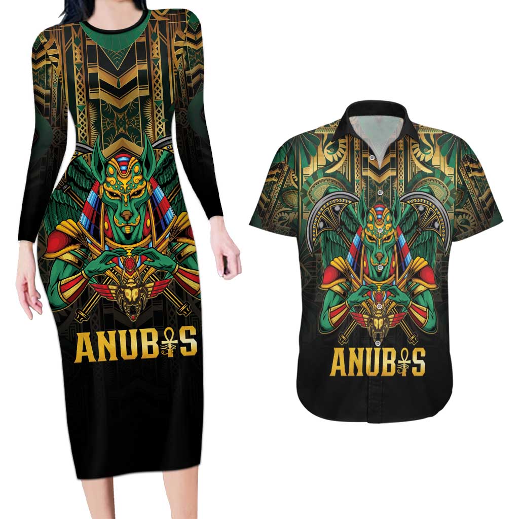 Egypt Anubis Couples Matching Long Sleeve Bodycon Dress and Hawaiian Shirt Golden Ancient Egypt Pattern