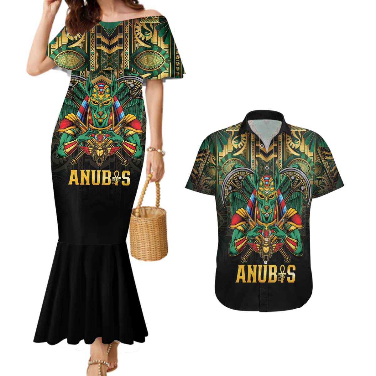 Egypt Anubis Couples Matching Mermaid Dress and Hawaiian Shirt Golden Ancient Egypt Pattern