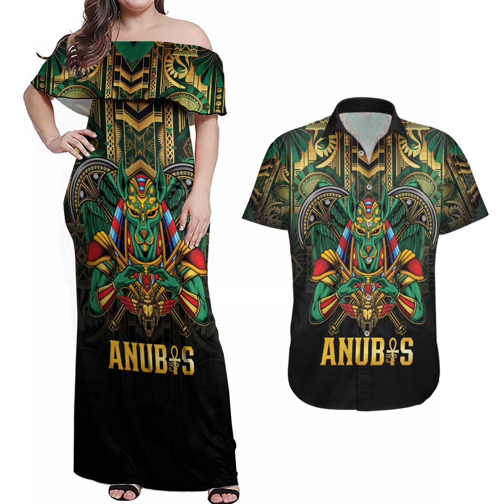 Egypt Anubis Couples Matching Off Shoulder Maxi Dress and Hawaiian Shirt Golden Ancient Egypt Pattern