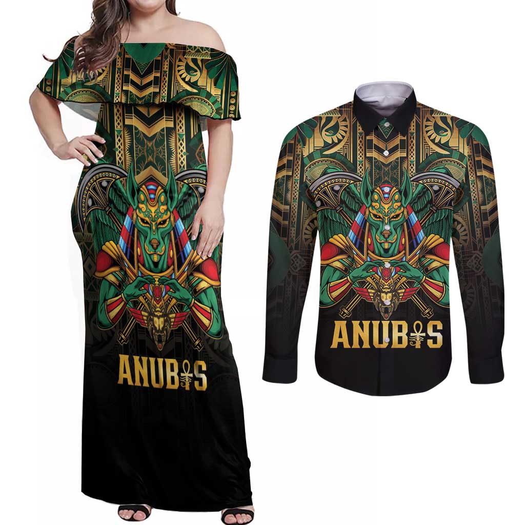 Egypt Anubis Couples Matching Off Shoulder Maxi Dress and Long Sleeve Button Shirt Golden Ancient Egypt Pattern