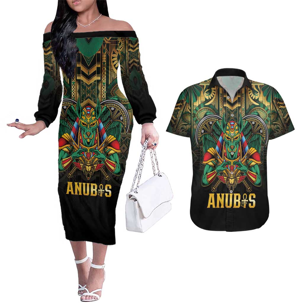 Egypt Anubis Couples Matching Off The Shoulder Long Sleeve Dress and Hawaiian Shirt Golden Ancient Egypt Pattern