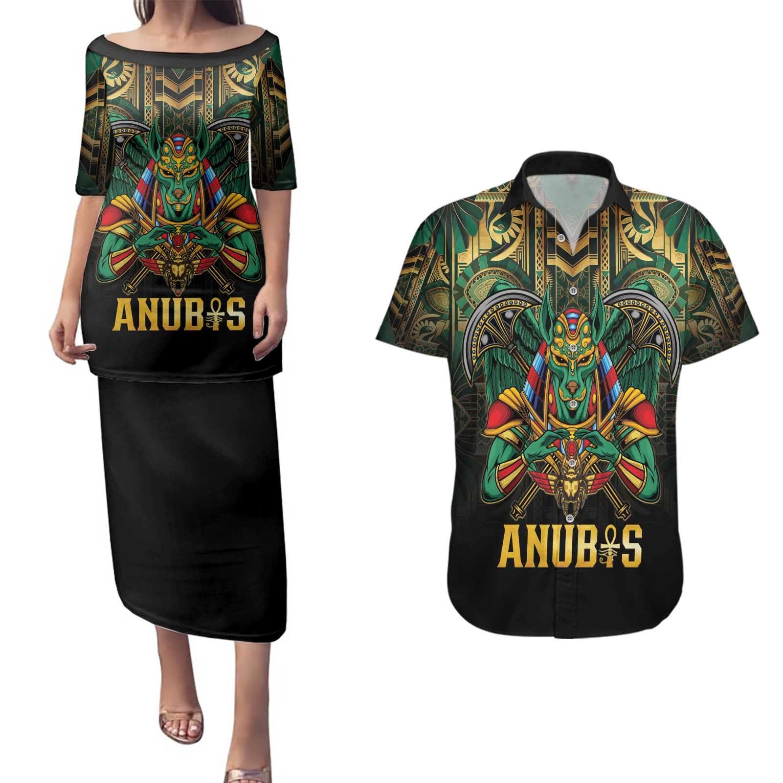 Egypt Anubis Couples Matching Puletasi and Hawaiian Shirt Golden Ancient Egypt Pattern