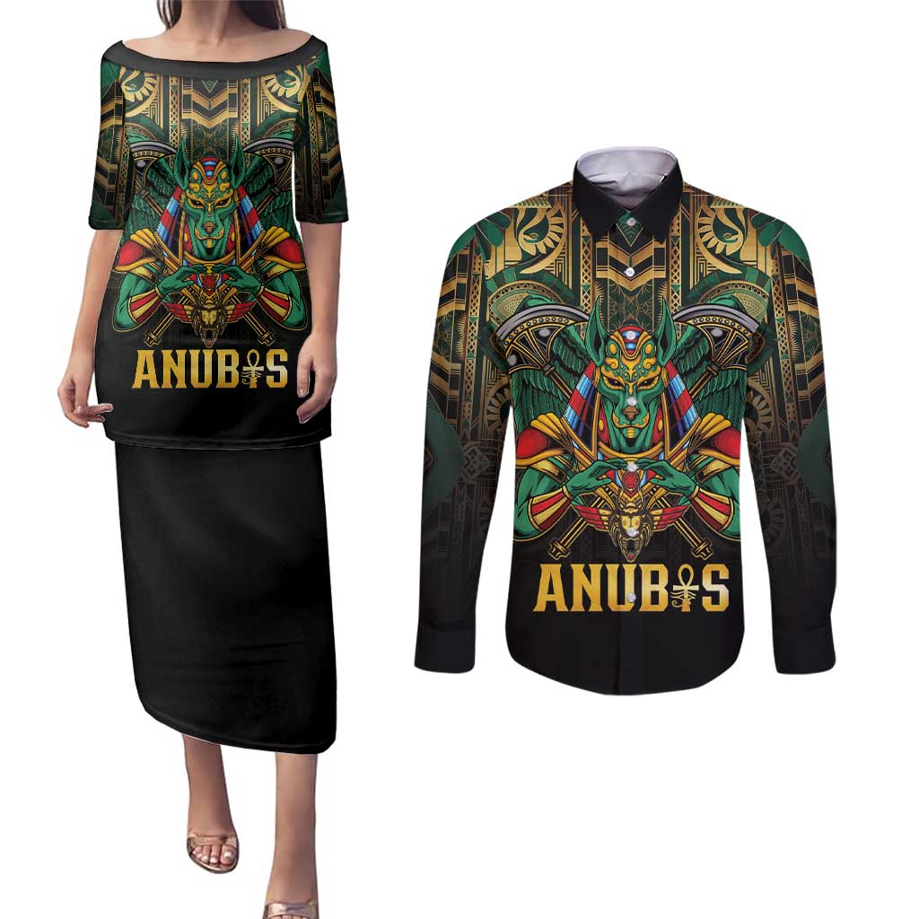 Egypt Anubis Couples Matching Puletasi and Long Sleeve Button Shirt Golden Ancient Egypt Pattern