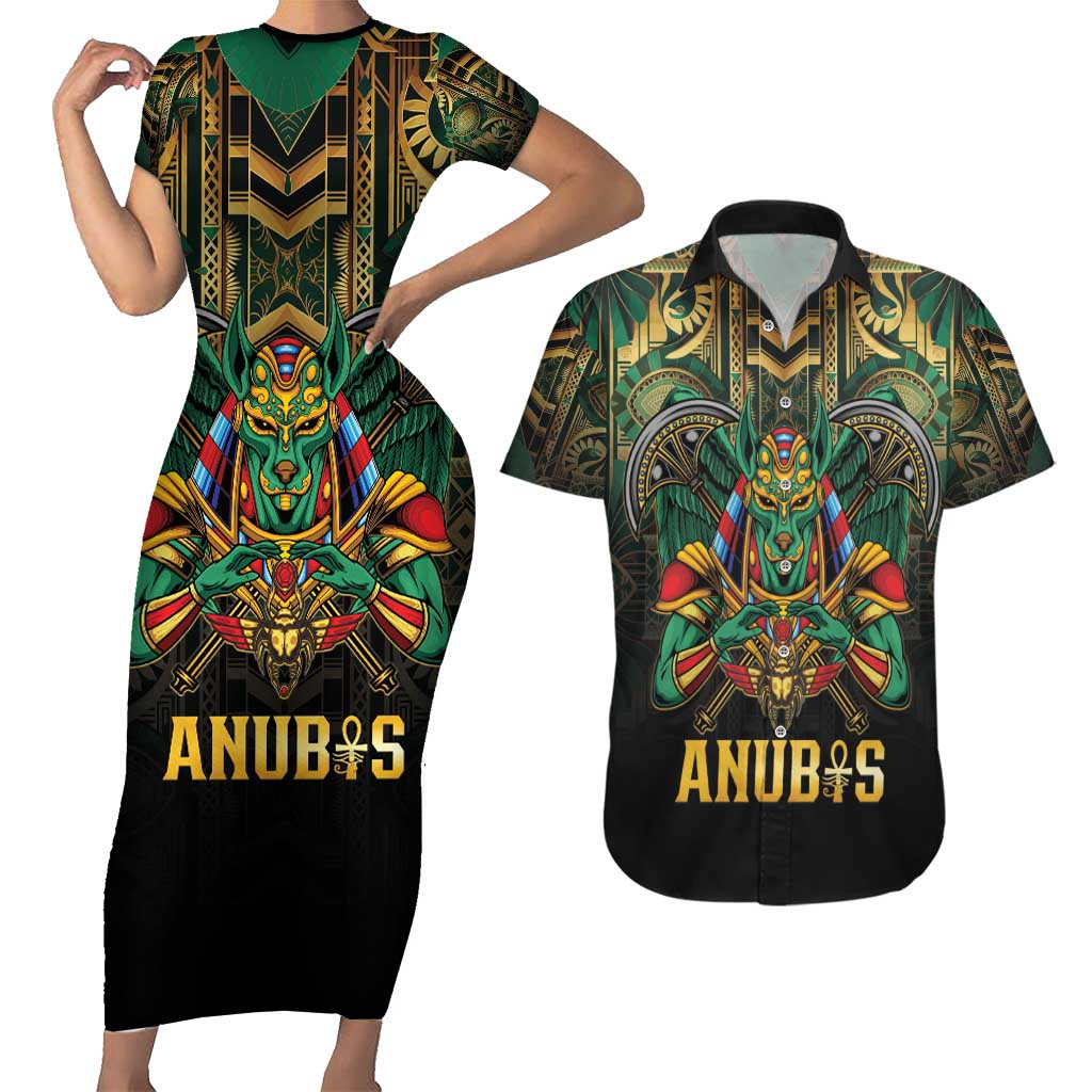 Egypt Anubis Couples Matching Short Sleeve Bodycon Dress and Hawaiian Shirt Golden Ancient Egypt Pattern