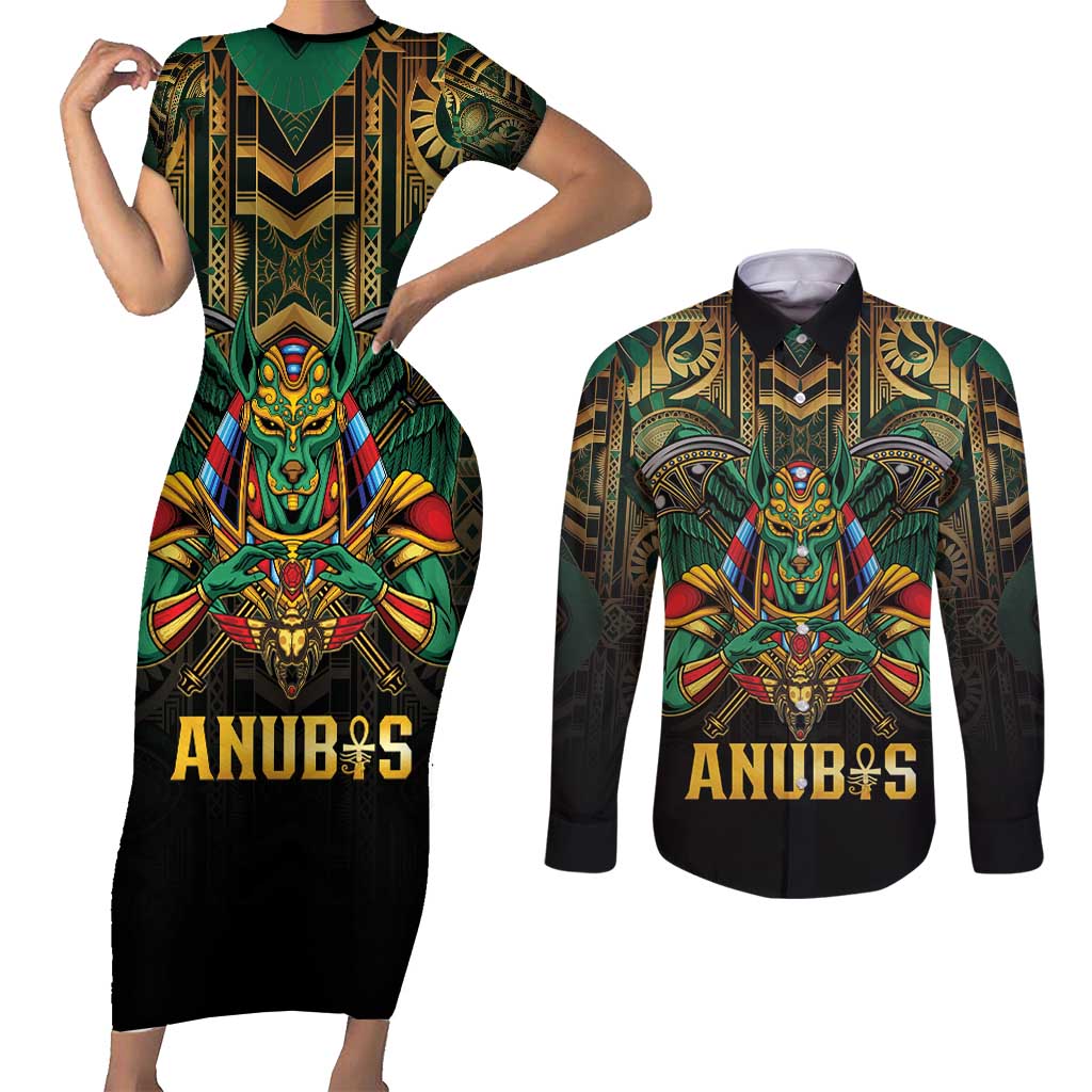 Egypt Anubis Couples Matching Short Sleeve Bodycon Dress and Long Sleeve Button Shirt Golden Ancient Egypt Pattern