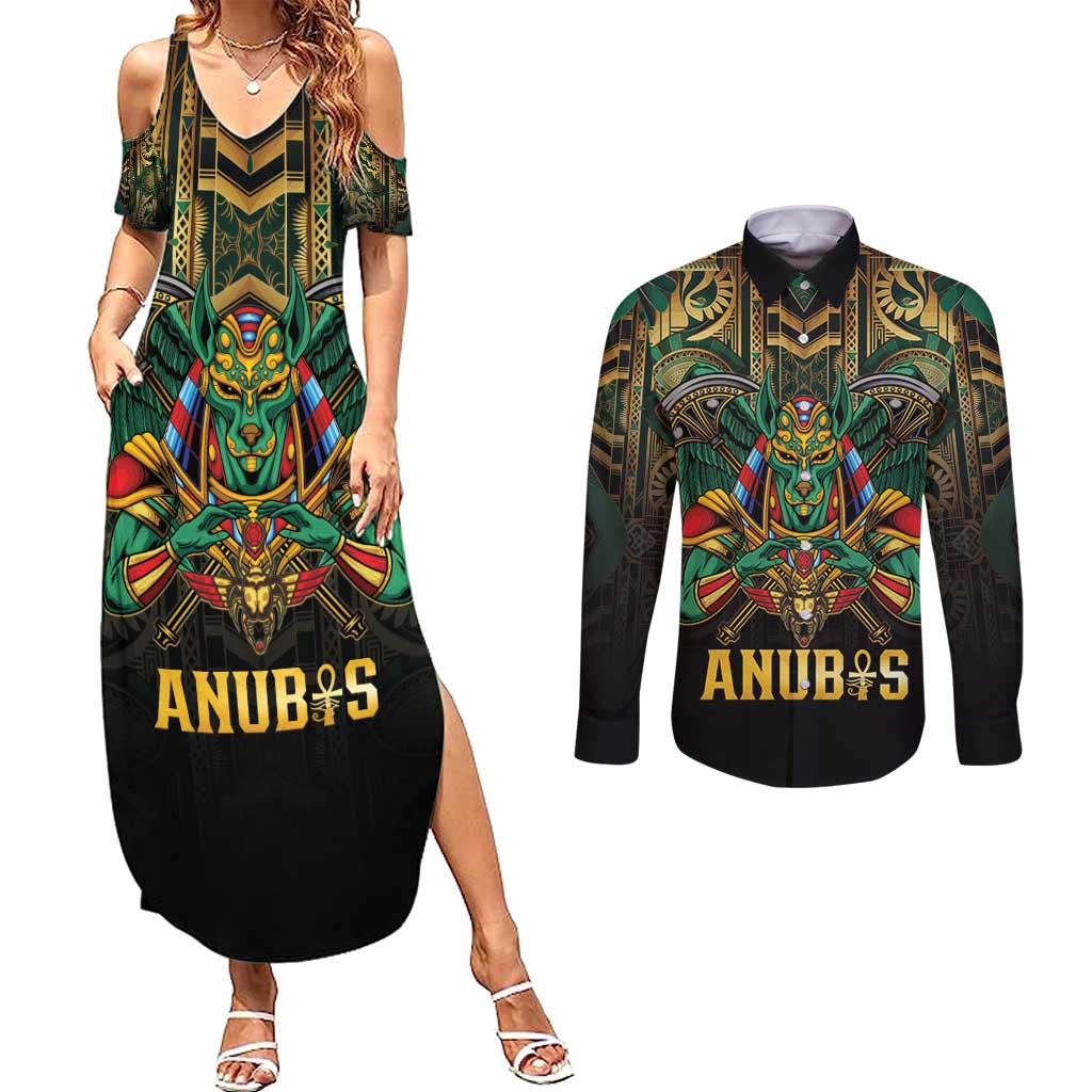 Egypt Anubis Couples Matching Summer Maxi Dress and Long Sleeve Button Shirt Golden Ancient Egypt Pattern