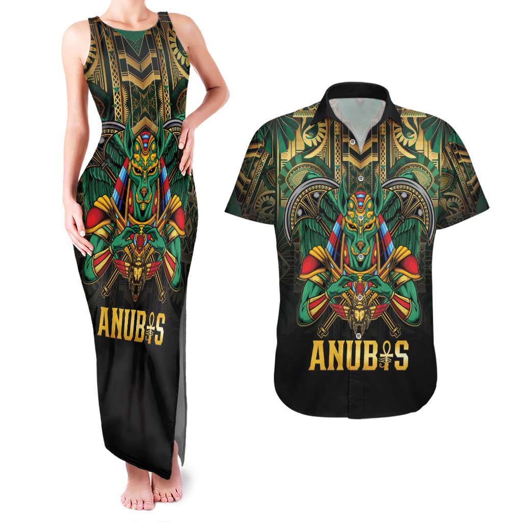 Egypt Anubis Couples Matching Tank Maxi Dress and Hawaiian Shirt Golden Ancient Egypt Pattern