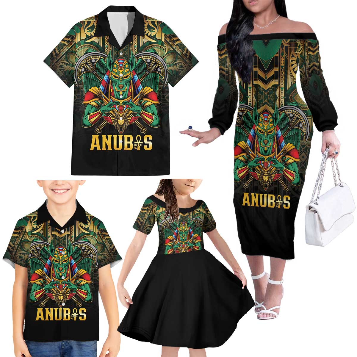 Egypt Anubis Family Matching Off The Shoulder Long Sleeve Dress and Hawaiian Shirt Golden Ancient Egypt Pattern