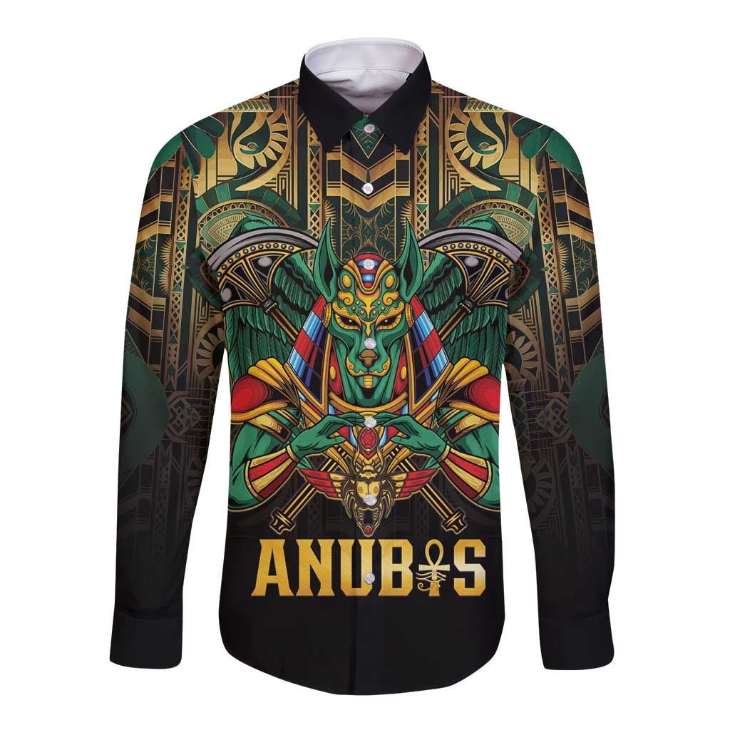 Egypt Anubis Long Sleeve Button Shirt Golden Ancient Egypt Pattern