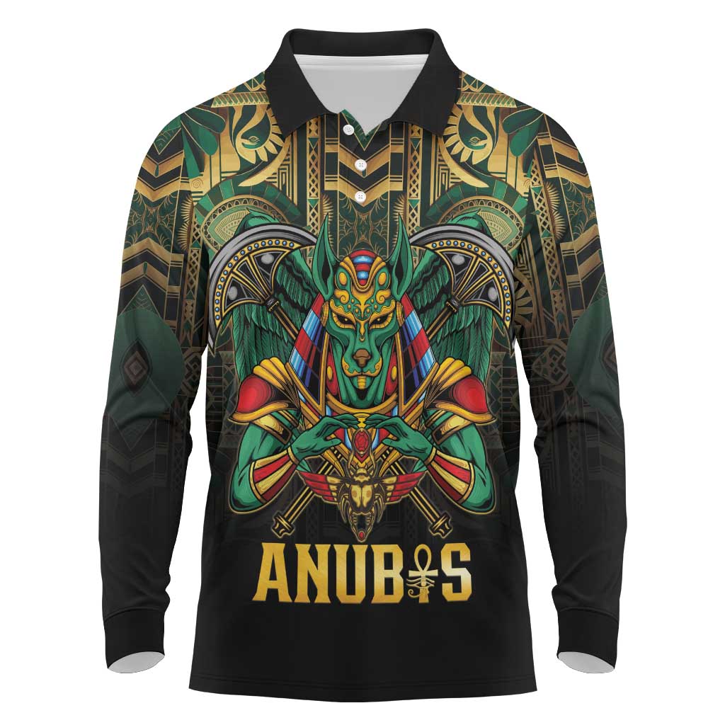 Egypt Anubis Long Sleeve Polo Shirt Golden Ancient Egypt Pattern