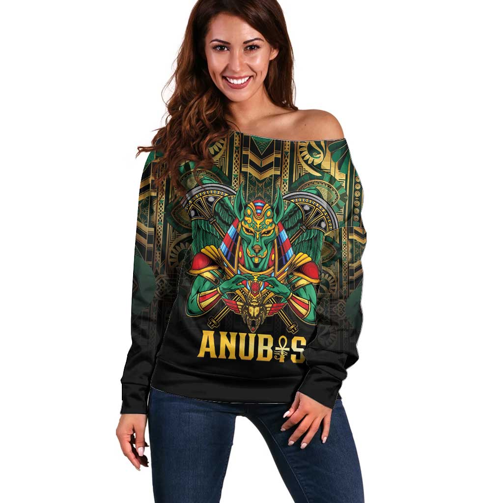 Egypt Anubis Off Shoulder Sweater Golden Ancient Egypt Pattern