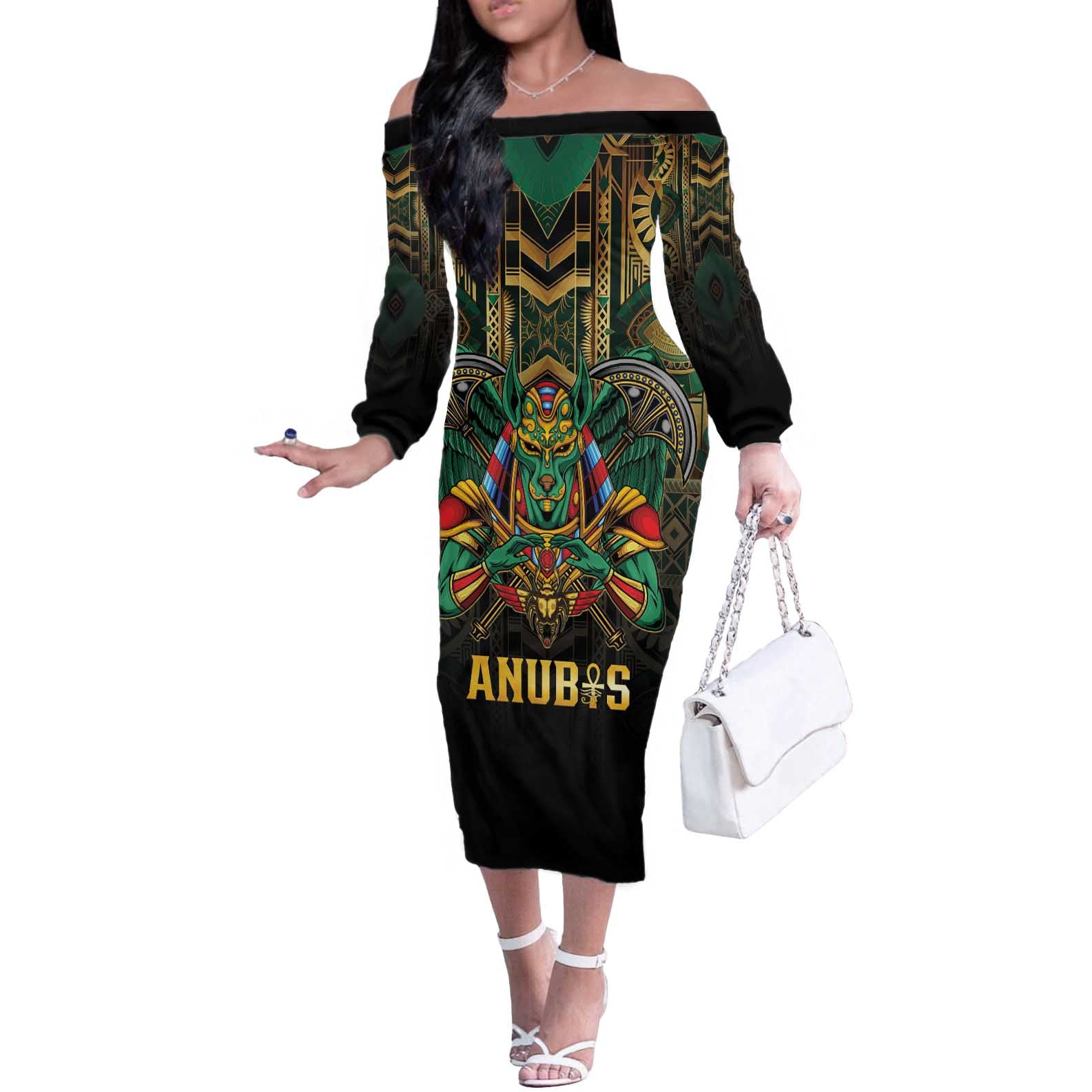 Egypt Anubis Off The Shoulder Long Sleeve Dress Golden Ancient Egypt Pattern