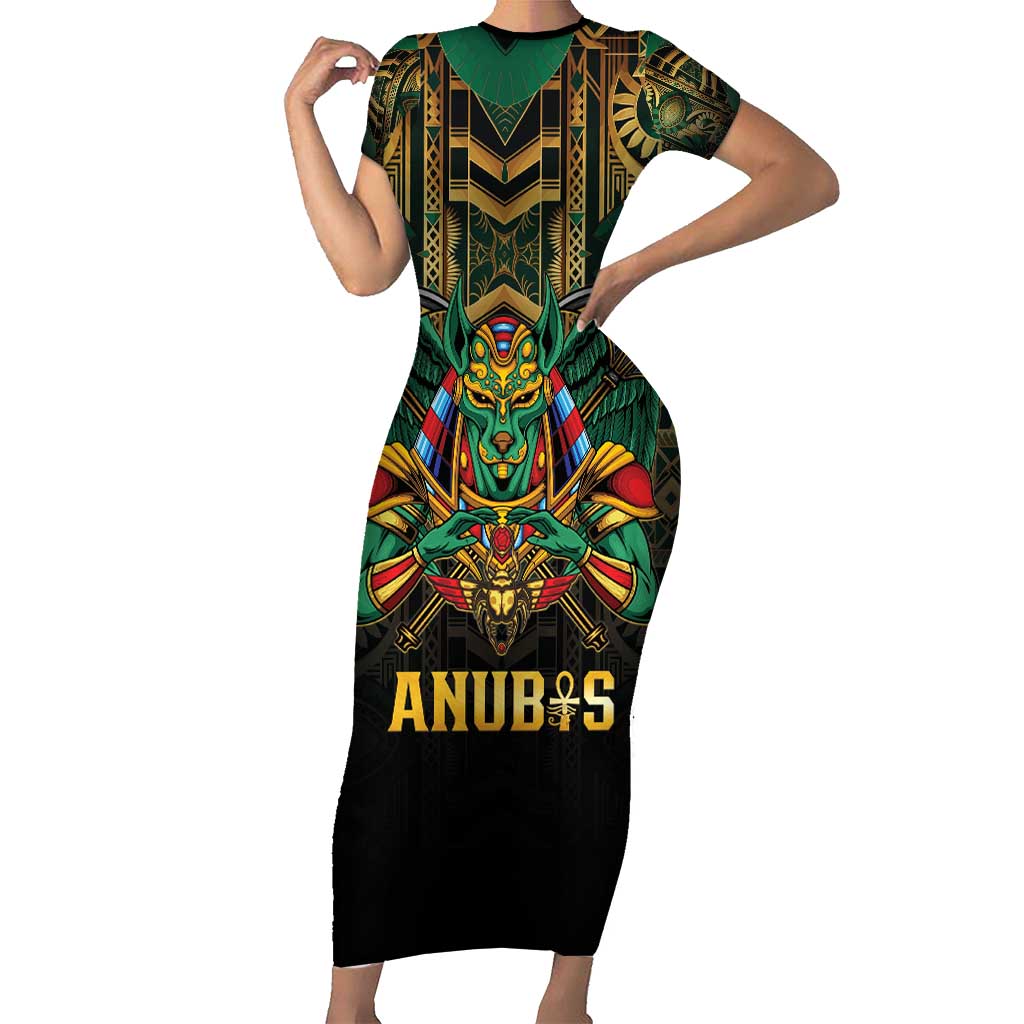 Egypt Anubis Short Sleeve Bodycon Dress Golden Ancient Egypt Pattern