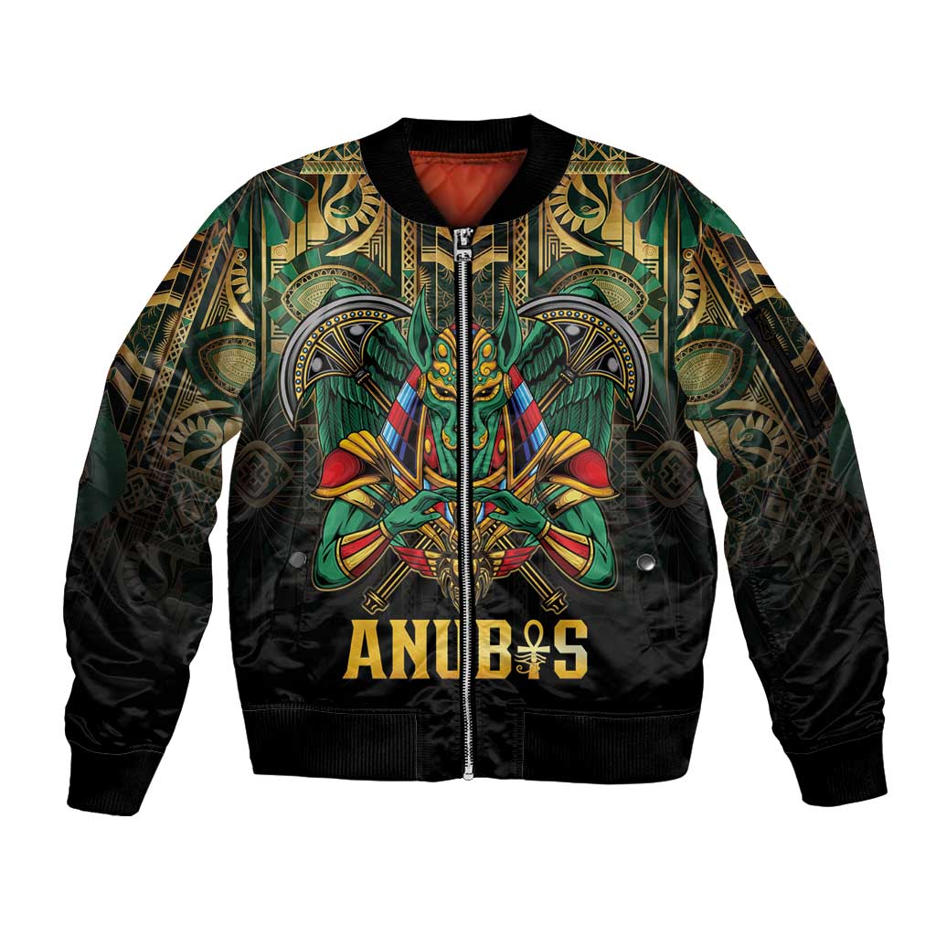 Egypt Anubis Sleeve Zip Bomber Jacket Golden Ancient Egypt Pattern