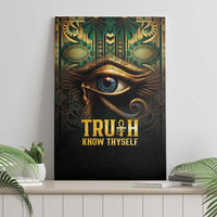 Framed canvas wall art featuring a blue eye with green and gold Egyptian ornament and text.