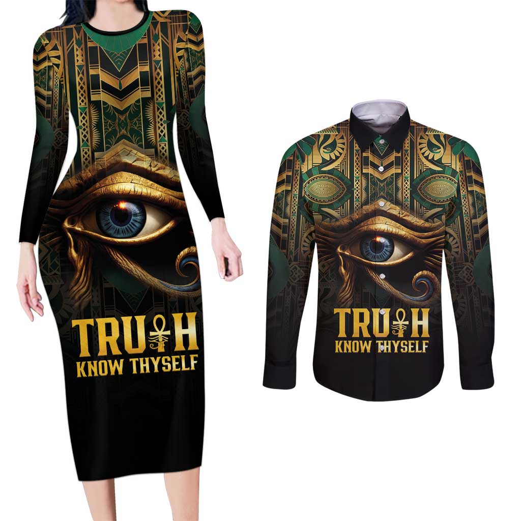 Egypt Eye of Horus Couples Matching Long Sleeve Bodycon Dress and Long Sleeve Button Shirt Truth Know Thyself