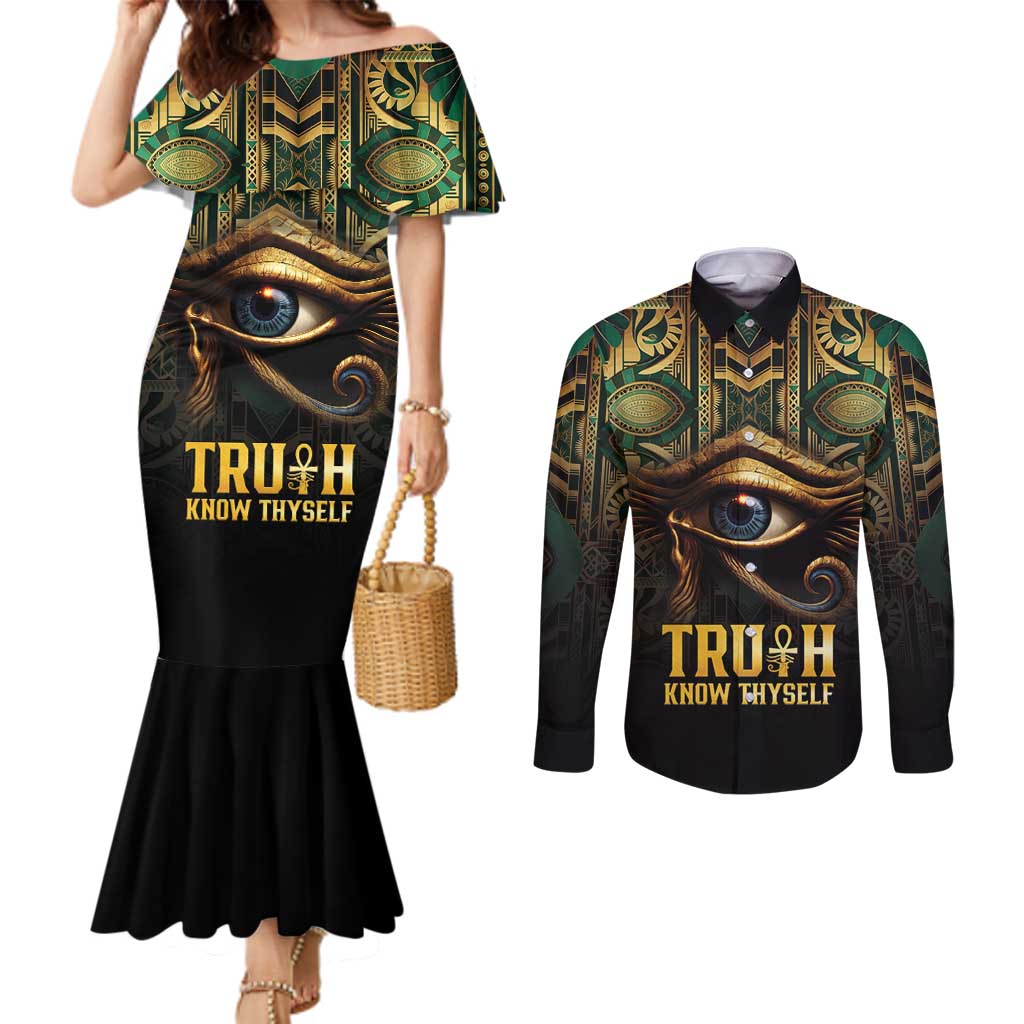 Egypt Eye of Horus Couples Matching Mermaid Dress and Long Sleeve Button Shirt Truth Know Thyself