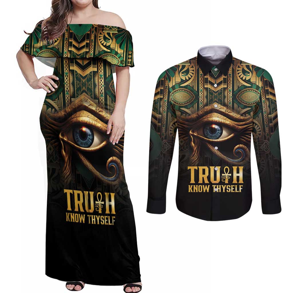 Egypt Eye of Horus Couples Matching Off Shoulder Maxi Dress and Long Sleeve Button Shirt Truth Know Thyself