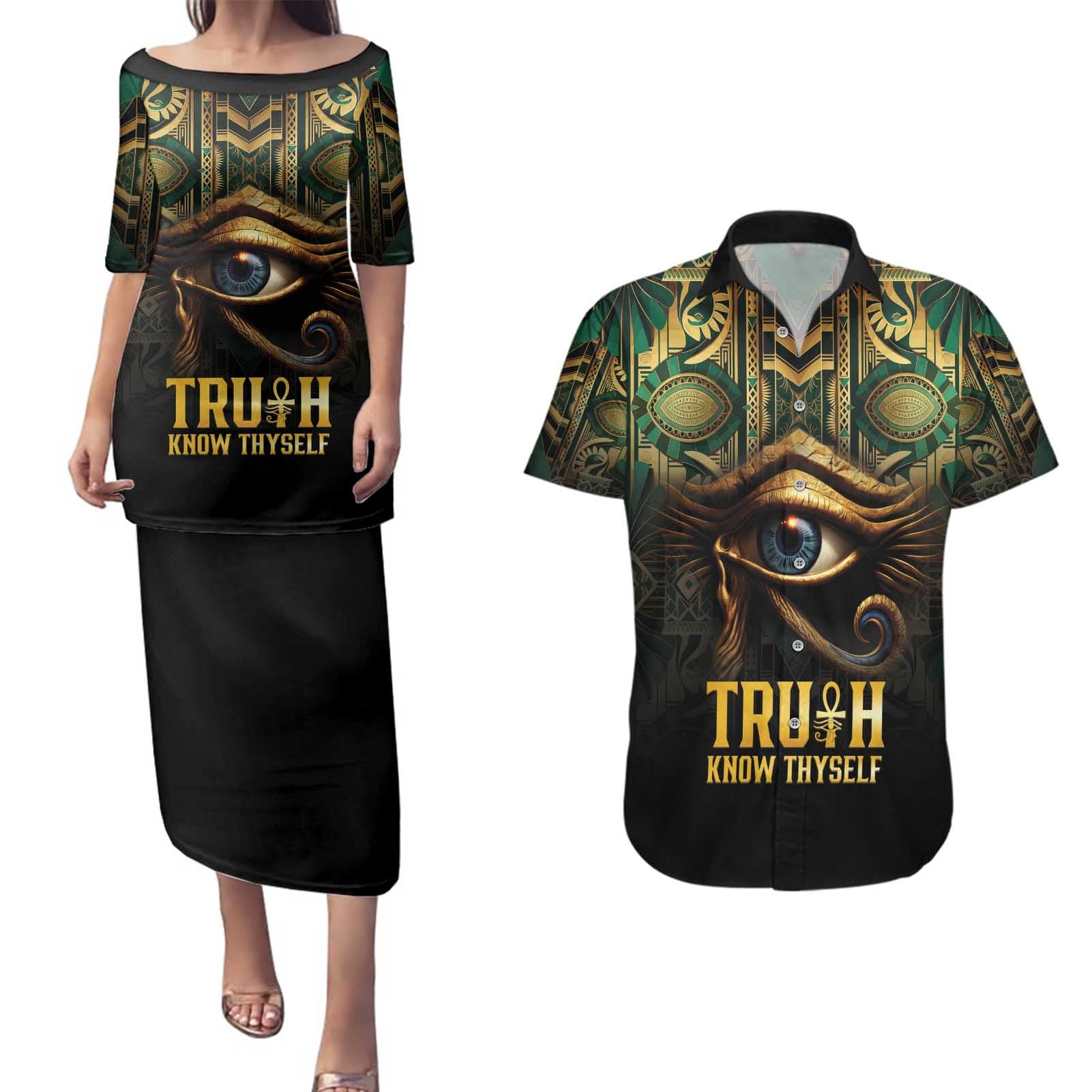 Egypt Eye of Horus Couples Matching Puletasi and Hawaiian Shirt Truth Know Thyself