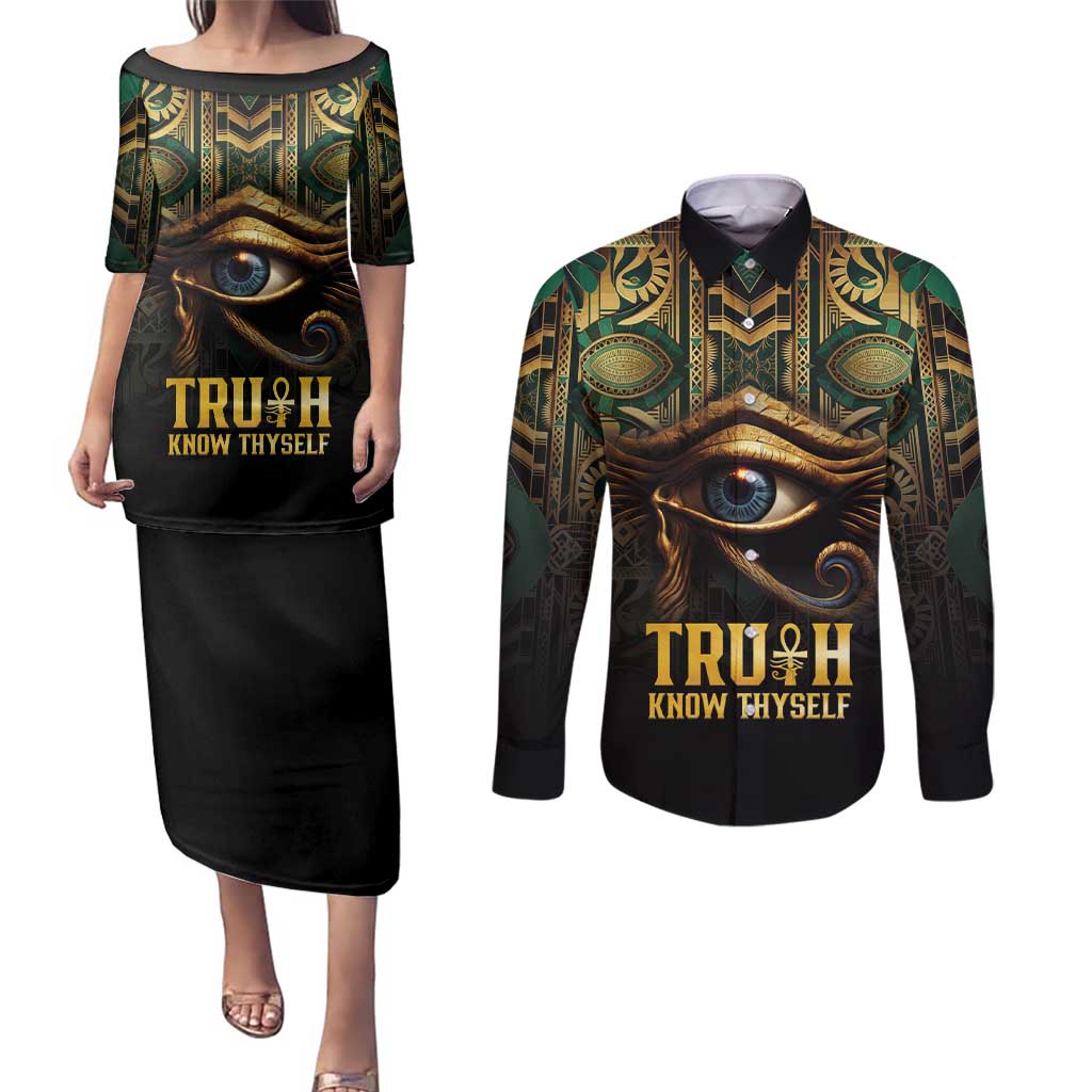 Egypt Eye of Horus Couples Matching Puletasi and Long Sleeve Button Shirt Truth Know Thyself