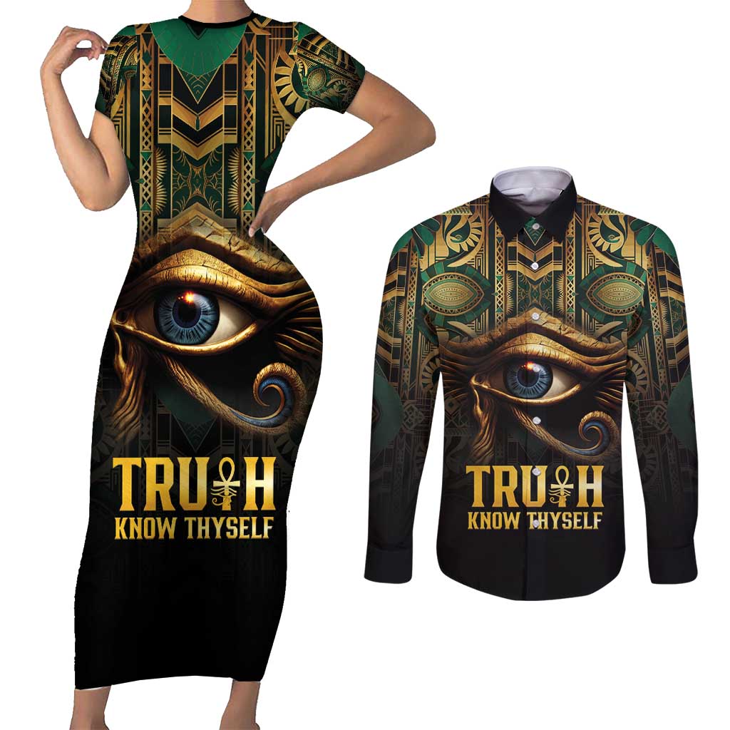 Egypt Eye of Horus Couples Matching Short Sleeve Bodycon Dress and Long Sleeve Button Shirt Truth Know Thyself